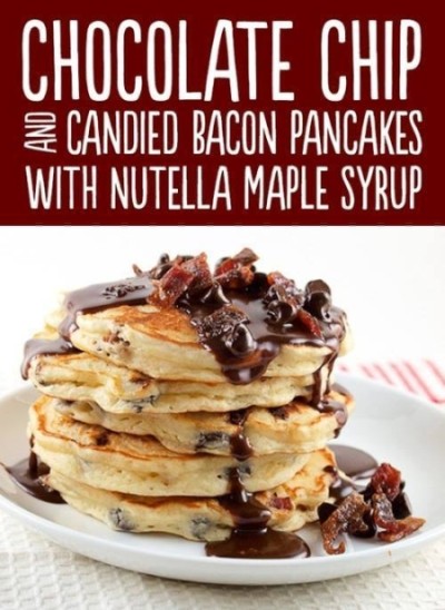 Candied Bacon Pancakes and Chocolate Chip with Nutella Maple Syrup